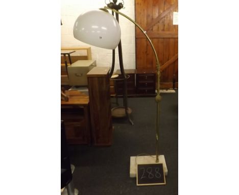 RETRO BRASS STANDARD LAMP ON STONE BASE WITH PLASTIC GLOBE SHADE