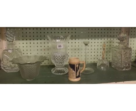 SHELF WITH TWO DECANTERS &amp; OTHER GLASSWARE