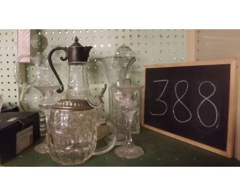 SHELF OF TWO CLARET JUGS, CUT GLASS DECANTER &amp; OTHER GLASSWARE