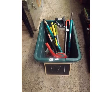 A GREEN CARTON OF VARIOUS GARDENING TOOLS INCL; &amp; PANEL SAW