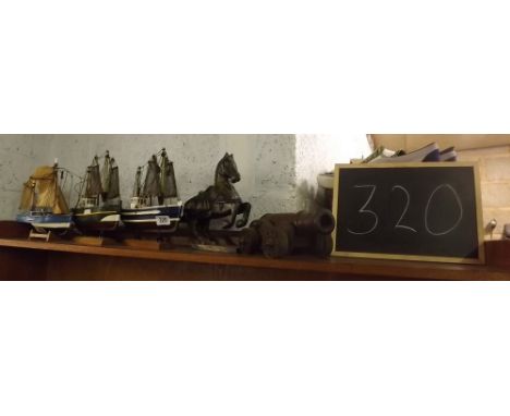 SHELF OF THREE WOODEN MODEL TRAWLERS, CANNON &amp; HORSE