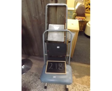 A BLUE STOOL WITH A METAL TWO TIER STEP LADDER &amp; A METAL THREE TREAD STEP LADDER