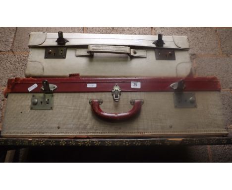 TWO VINTAGE SUITCASES - ONE WHITE &amp; ONE WITH RED BANDING