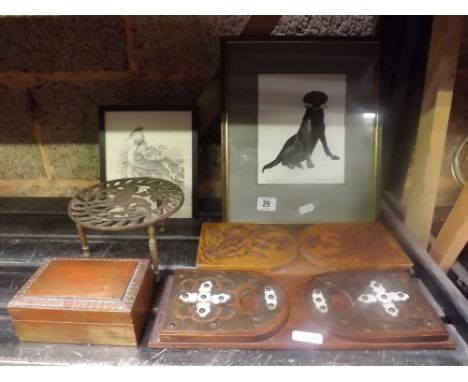 SHELF CONTAINING TWO WOODEN INLAID BOOK SLIDES, BRASS TRIVET, WOODEN BOX &amp; TWO PICTURES