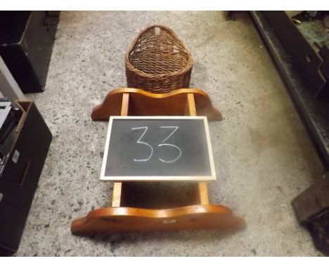 SMALL WICKER BASKET &amp; A PINE WALL MOUNTED BOOK SHELF