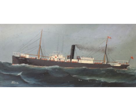 English School c.1900, oil on board, Portrait of the steamship Ashmore, indistinctly signed, 14 x 30cm