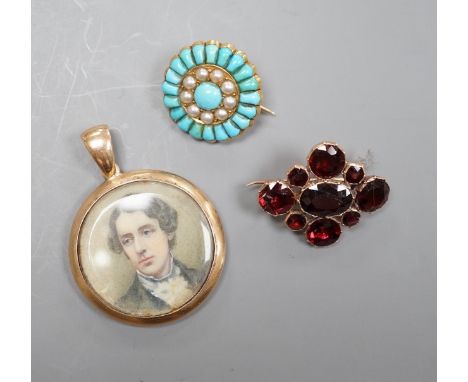 A Victorian yellow metal, turquoise and split pearl set circular brooch, 19mm, a similar garnet set brooch and a 15ct mounted