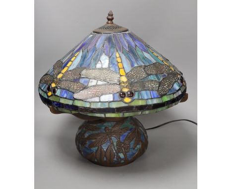 A Tiffany style dragonfly stained glass table lamp, 44cm tall