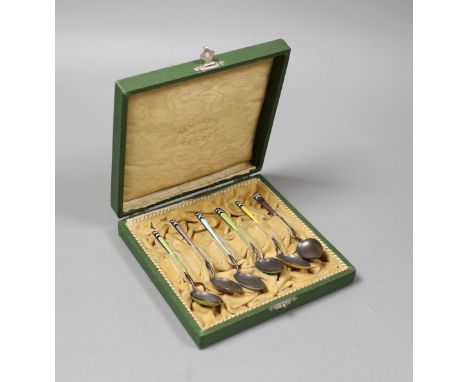 A cased set of six Norwegian sterling and polychrome enamel coffee spoons by Marius Hammer, 94mm,