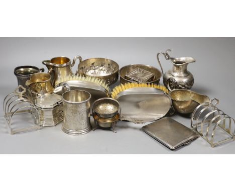 Mixed silver and white metal items including par of toastracks, sugar bowl match sleeve, sauceboat, cream jug, Victorian chri