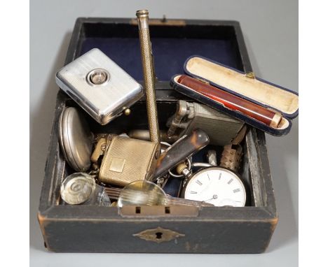 An amber and gilt metal mounted cigarette holder, gilt metal lighter etc