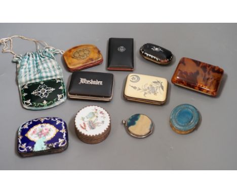 A mixed collection of enamel, tortoiseshell and other purses, a Chinese porcelain box and enamel topped box