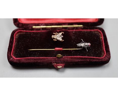 A 19th century yellow metal and rose cut diamond set 'fly' stud, 8mm and a bug stick pin.