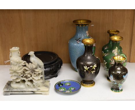 Six Chinese cloisonné enamel vases, one hardwood stand and a hardstone group, tallest 23cm