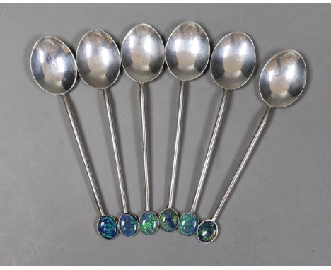 A set of six Australian sterling coffee spoons, with oval black opal doublet set terminals, 92mm.