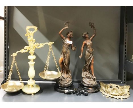 Two French spelter Art Nouveau figures, H. 46cm, together with an onyx and gilt metal balancing scale, a brass door knocker a