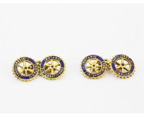 A pair of 9ct yellow gold and enamel Rotary International cufflinks, L. 2.5cm.