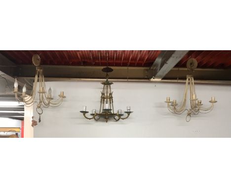 A pair of five branch metal light fittings together with a gilt metal five branch light fitting.