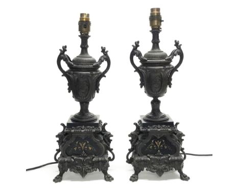 A pair of Victorian style cast metal and marble table lamp bases, H. 42cm.