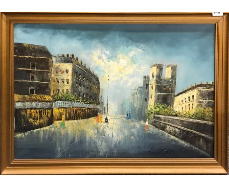 K. Arya: A framed oil on canvas of a street scene c. 1960's, frame size 83 x 58cm.