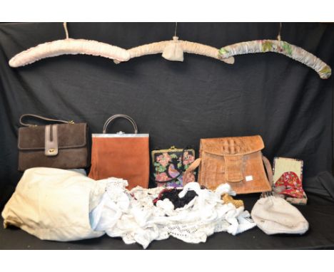 A vintage crocodile handbag; an Art Deco style Fassbender handbag, dark tan suede; a quantity of Art Deco dress trimmings, la