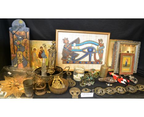 A quantity of flatware; an Edwardian style brass door knocker; horse brasses; an Orthodox painted icon; a painted papyrus, fr