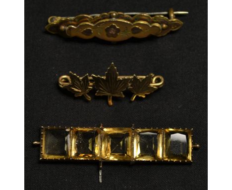 Jewellery - a rose metal brooch, three Maple leaves, indistinctly stamped, possibly 375, 1.7g; another pale yellow five stone