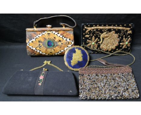 Ladies Accessories - a vintage Peacock feather handbag; three evening bags (4)