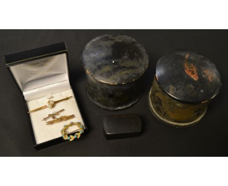 A 14ct gold bar brooch, set with two pearls; an Edwardian 9ct gold bar brooch, set with seed pearls; another similar; a papie