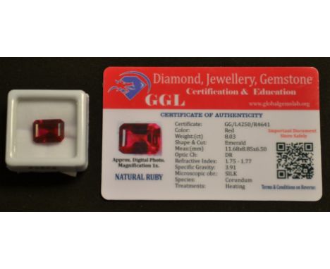 A loose rectangular emerald cut corundum ruby, measuring 11.68mm x 8.85mm x 6.50mm, calculated stone weight 8.03ct, clarity V