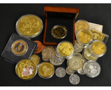 China 1992 pagoda 5 oz. silver gilt coin in capsule;  East Caribbean States $2 coins 2003, cu-ni plated, Haig, Montgomery &am