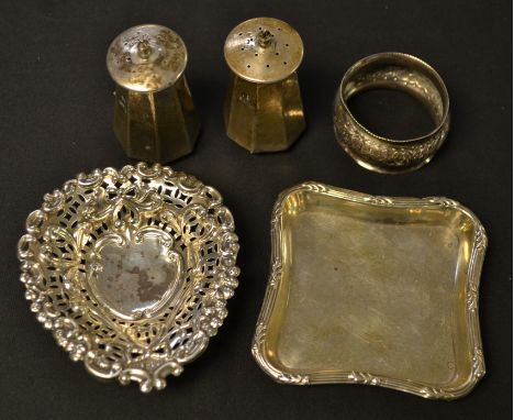 Silver - a pair of tapering octagonal pepperettes, Sheffield; a trinket tray, pierced bowl, etc