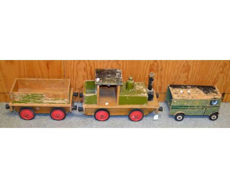 A vintage wooden toy train engine and tender; a Harrods delivery van (3)