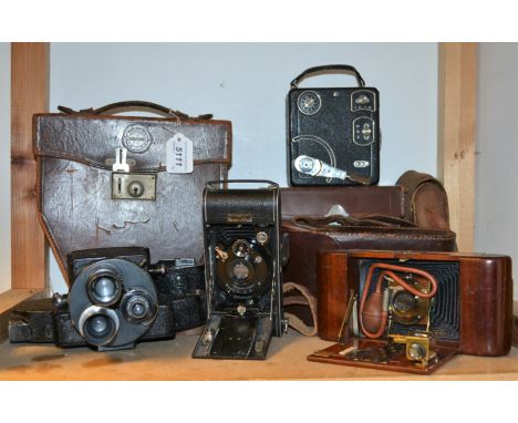 Cameras - a 1930s/40s Ensign Super Kinecam sixteen camera, Z1400, triple rotating lenses, leather case;  others Siemens &amp;