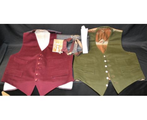 Textiles - a gentleman's burgundy wool waistcoat, Bray Brothers, Sheffield and Chesterfield; another similar, moss green, un-