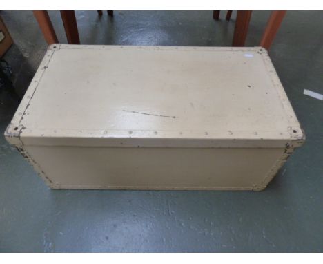 A vintage painted metal travel trunk with leather carry handles 31cm x 38cm x 73cm