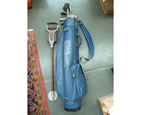 A number of Wilson Sam Snead golf clubs, including Staff 2 putter, 3 wood, driver, 5, 7, 9, and pitching wedge, in bag, with 