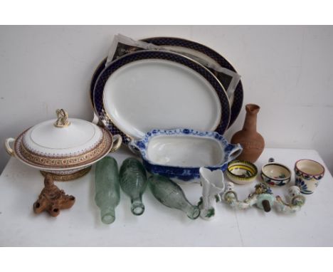 A mixed quantity of ceramics including a Victorian jug with 'Bridgwater Exhibition 1854' applied label, a Roman style oil lam