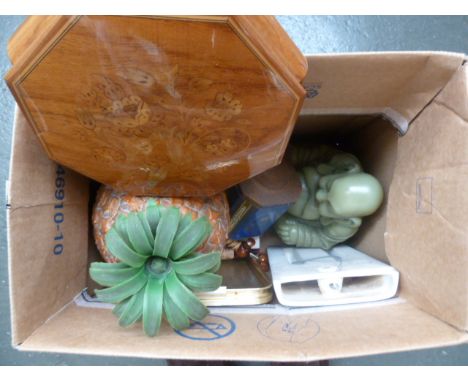 An Italian octagonal musical box with marquetry inlay 21cm d; a resin buddha on stand 25cm H; a vintage plastic pineapple ice