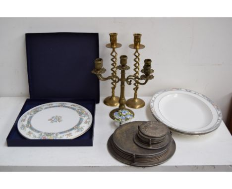 A mixed lot of items including three decanters and stoppers, various vases, Royal Albert, boxed Royal Worcester, Royal Doulto