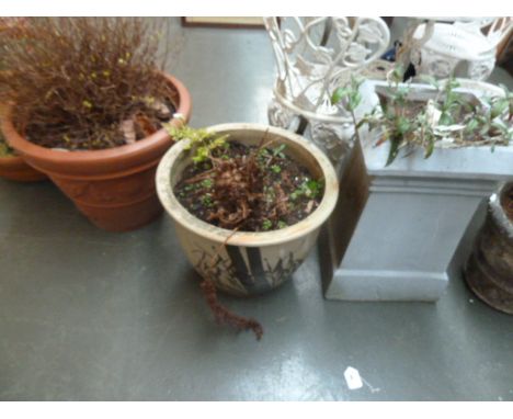 Three planters - one painted chimney pot 60cm high; a plastic "terracotta" planter; a glazed ceramic planter with painted bam