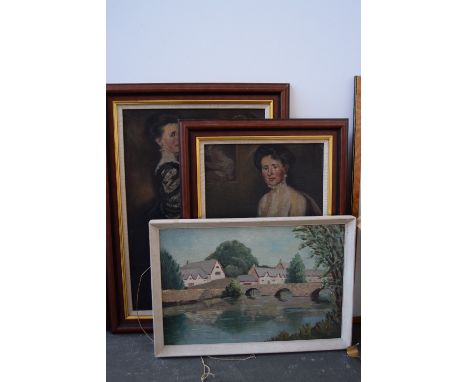 British School, Portrait of a woman in a white shirt, oil on board, together with another oil portrait of a woman in a simila