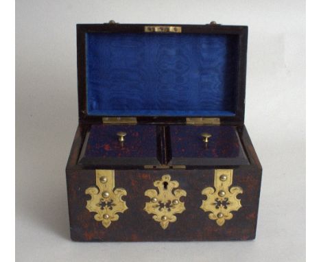 A Victorian simulated mulberry and gilt metal mounted tea caddy, rectangular with strap work hinges, containing two lidded co