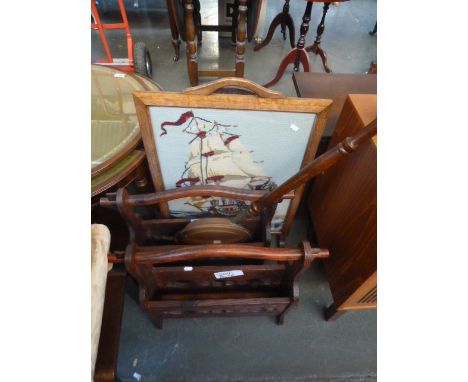 Two hardwood magazine racks, a bedwarming pan, a ship embroidered fire screen and an oval swivel mirror