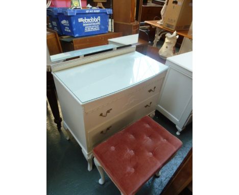 A painted 2 drawer dressing table, 76cm W with adjustable mirror and pink upholstered stool on cabriole legs