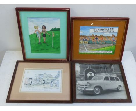 A selection of pictures including a black and white photograph of a Keith Prowse standing by his Standard Vanguard Phase 3 Es