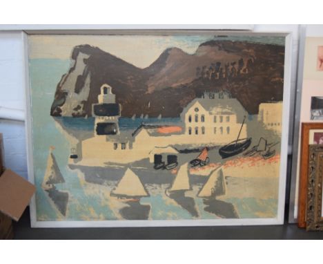 A large framed print of a maritime scene with a harbour and sailing boats, 95 x 73cm