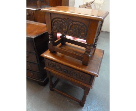 An Old Charm oak side table with frieze drawer, turned supports and stretchers, with an oval side table turned supports and s