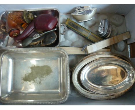 A quantity of silver plate serving dishes, two Ronseal lighters, an early pewter spoon, three chinese fans and three meerscha