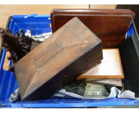 A Victorian pad lock, a pair of cased opera glasses, two 19th century wall brackets, two wooden boxes, a cased set of 1920's 